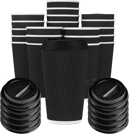 Zuvo 50 Pack Takeaway Coffee Cups with Lids | Disposable Insulated Triple Wall Ripple Kraft Paper Coffee Cups for Takeaway Coffee, Tea or Hot Liquids | Pack of 50 (16 Oz.)