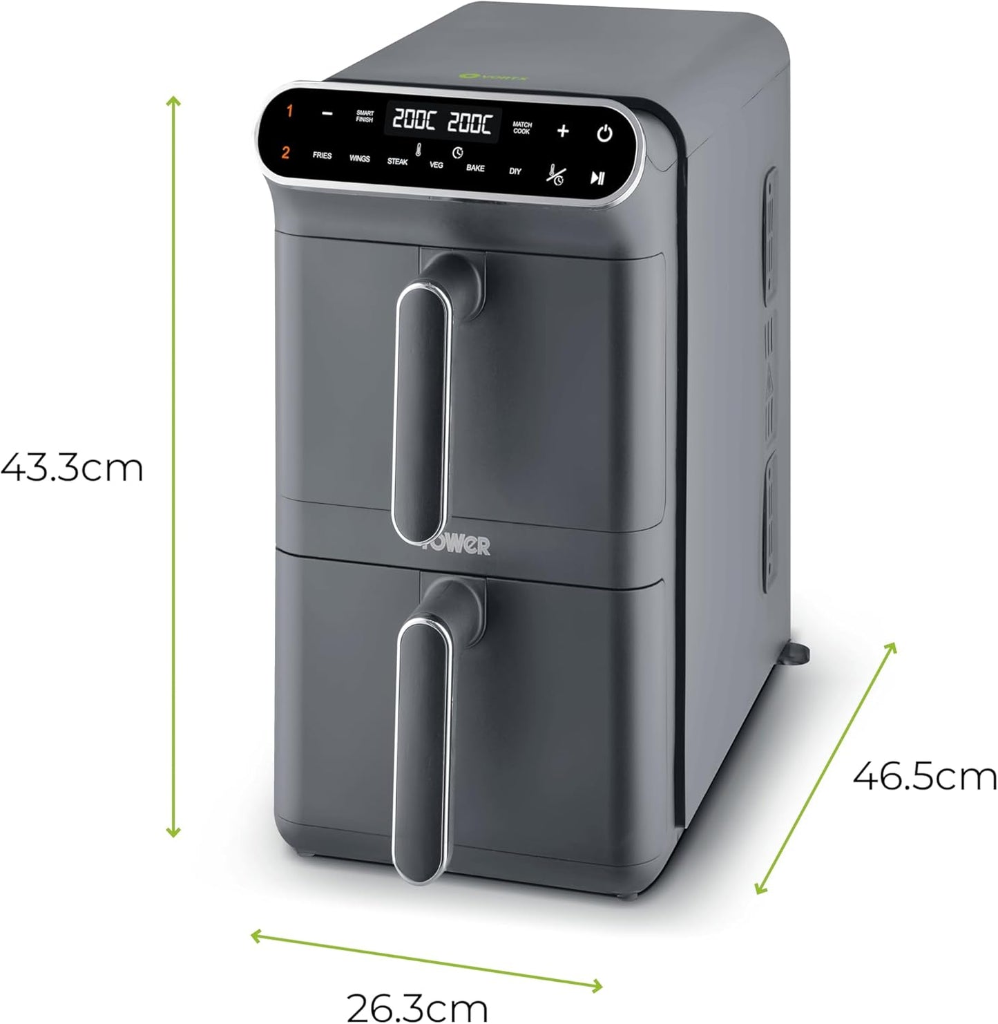 T17190GRP Vortx XL Dual Stack Air Fryer with Digital Control Panel, Space Saving Design, 6 Preset Cooking Modes, Match Cook & Smart Finish Functions, 2460W, 11L, Graphite with Chrome Trim