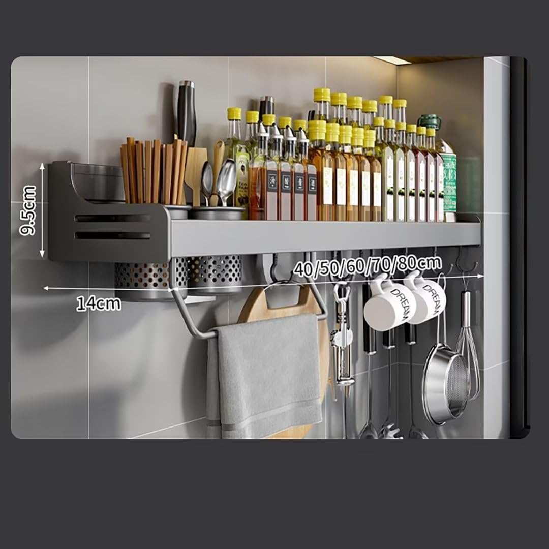 Spice Rack Wall Mounted, Hanging Storage Shelves, Kitchen Wall Shelf, Utensil Rack, Spice Racks Organiser for Spice Jars and Seasoning Bottles, Black, 40Cm