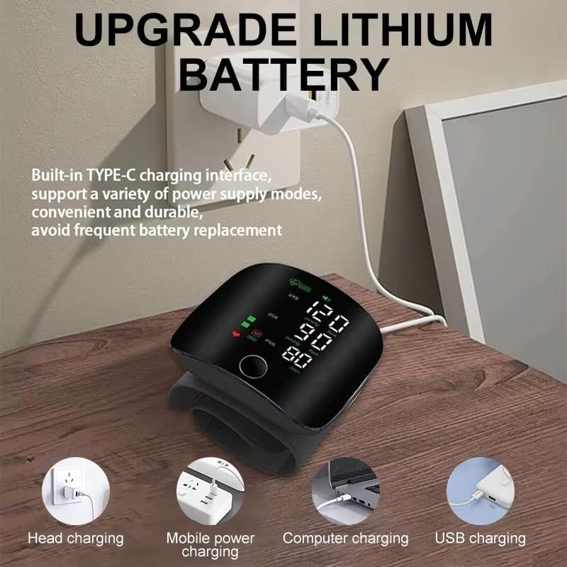 Automatic Wrist Blood Pressure Monitors with LCD Screen, Rechargeable Tonometer Wrist Cuff Digital Irregular Pulse Heart Rate Tensiometer, Automatically Broadcasts Values