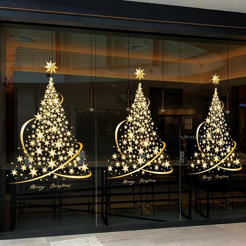 - 2 Pack Christmas Tree Stickers - Large Golden Christmas Tree - Wall, Window, Door Display - Window Stickers