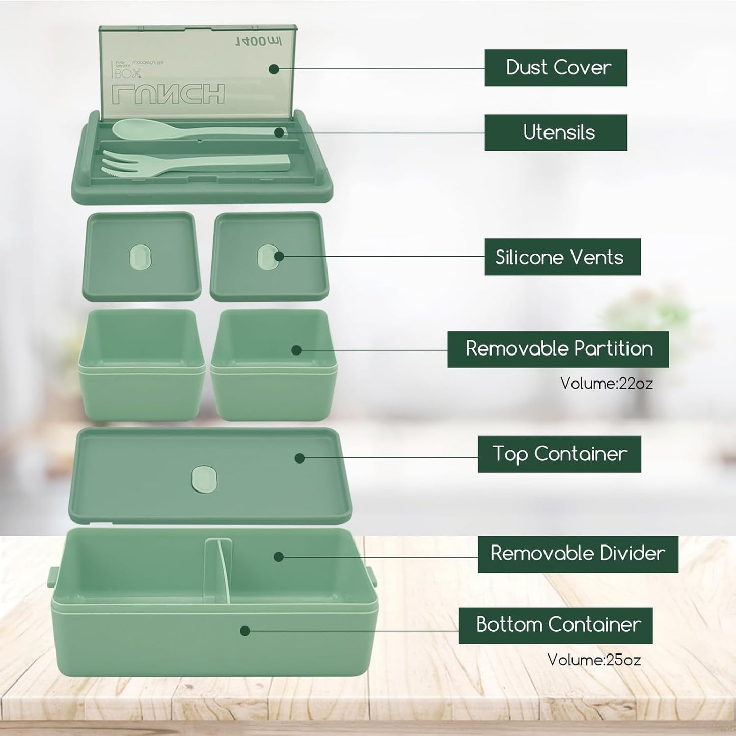 Jsdoin  Lunch Box Stackable,1400Ml Containers with 3 Removable Compartments and Cutlery, Leak Proof 2 Layer Boxes, for Adults Kids Office Microwave Dishwasher Safe Available (Green)