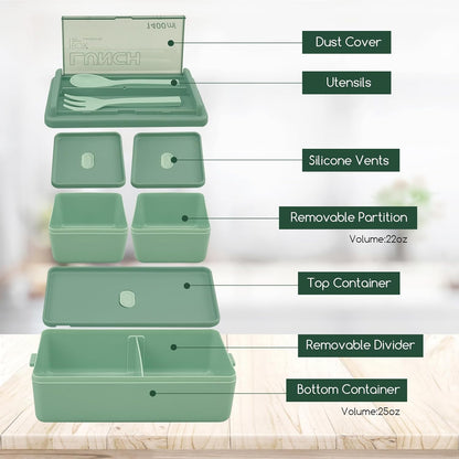 Jsdoin  Lunch Box Stackable,1400Ml Containers with 3 Removable Compartments and Cutlery, Leak Proof 2 Layer Boxes, for Adults Kids Office Microwave Dishwasher Safe Available (Green)