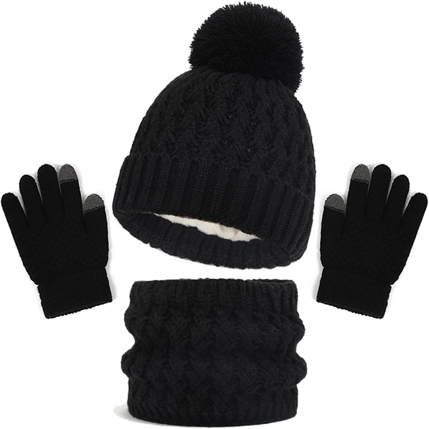 Kids Winter Hat Scarf and Gloves Set, 3Pcs Knitted Warmth Crochet Thick Fluffy Scarf Pom Bobble Hat Two Fingers Touch Screen Gloves Set for Boys and Girls 2-8