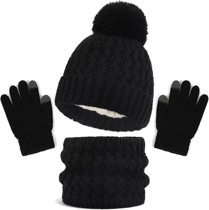 Kids Winter Hat Scarf and Gloves Set, 3Pcs Knitted Warmth Crochet Thick Fluffy Scarf Pom Bobble Hat Two Fingers Touch Screen Gloves Set for Boys and Girls 2-8