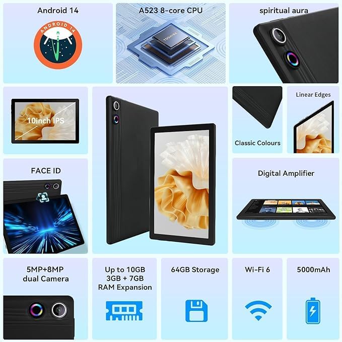 Ryesug 10 Inch, Android 14 Tablet 10GB RAM + 64GB ROM TF 1TB Expand, Widevine L1, Wifi6, BT5.3, 5MP+8MP Camera, 5000Mah, Facial Recognition, Dynamic Halo, Black