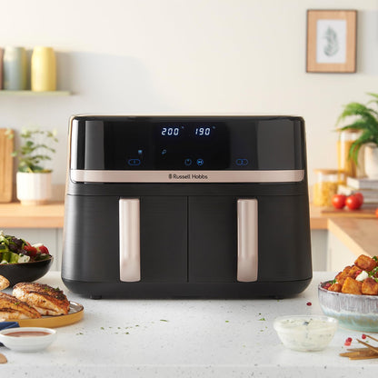 Dual Air Fryer 9L Rapid Airfryer [Dual Basket/Zone, Low-Noise, 9 Programs] Satisfry (Dishwasher Safe Drawers, Max 200℃, Oil Free Cooking, Roast, Bake, Grill, Keep Warm) 27680