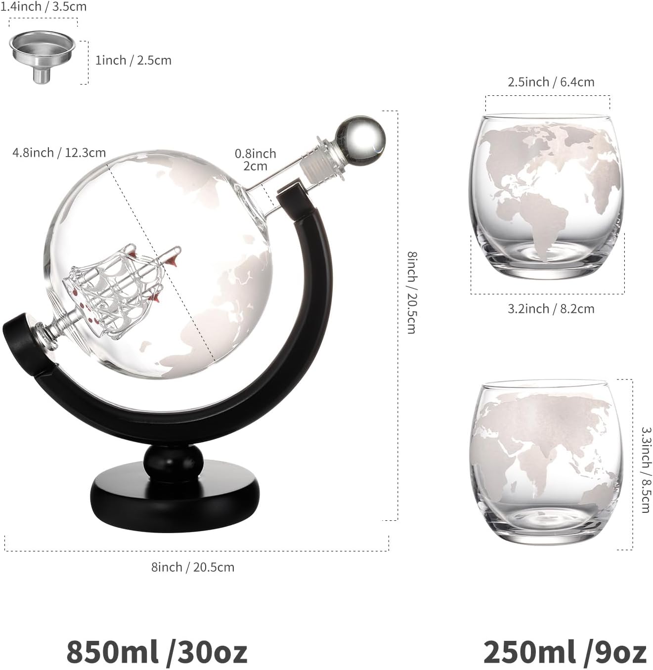 Whiskey Decanter Globe Set with 2 * 250Ml Glasses & Bottle Opener Keychain,Anniversary Birthday Gifts for Him Husband Boyfriend, 850Ml Whiskey Flask Decanter,Unique Christmas for Bourbon Scotch
