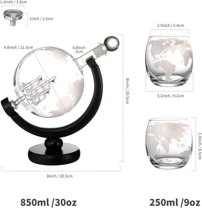 Whiskey Decanter Globe Set with 2 * 250Ml Glasses & Bottle Opener Keychain,Anniversary Birthday Gifts for Him Husband Boyfriend, 850Ml Whiskey Flask Decanter,Unique Christmas for Bourbon Scotch