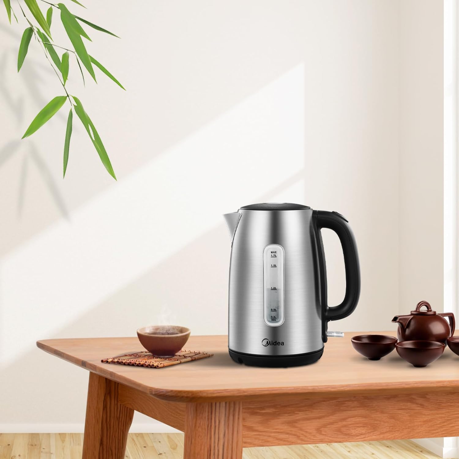 Midea Electric Kettle 3000W Fast Boil 1.7L Stainless Steel Kettle LED Indicator,Spring Lid,Removable Filter,Insulated Handle, Water Level Indicator, Dry Burn Protection,Bpa-Free