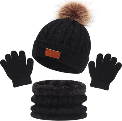 Kids Winter Warm Beanie Hat Scarf Gloves Set,Thermal Knit Crochet Thick Fluffy Toddler Cap Pom Bobble Hat Neck Warmer Gloves Set for Girls Boys Children Aged 2-6
