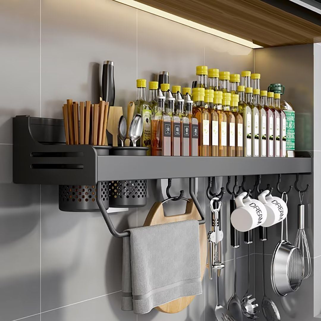 Spice Rack Wall Mounted, Hanging Storage Shelves, Kitchen Wall Shelf, Utensil Rack, Spice Racks Organiser for Spice Jars and Seasoning Bottles, Black, 40Cm