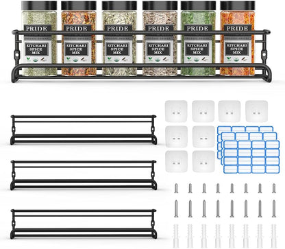 Spice Racks Organiser - 4 Tier Hanging Stainless Steel Wall Mounted with Adhesive Stickers & Screws Kitchen Pantry Shelf for Spices and Condiments, Jars (Black)