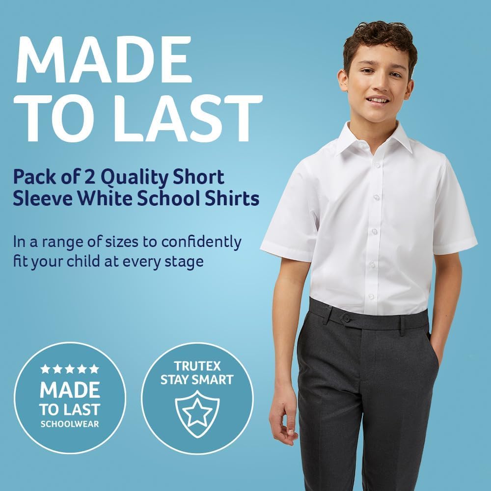 Boys 2 Pack White Short Sleeve School Shirts (3-16+ Years). Regular Fit, Easy Iron, Button down Shirts for Boys, Genuine School Uniform
