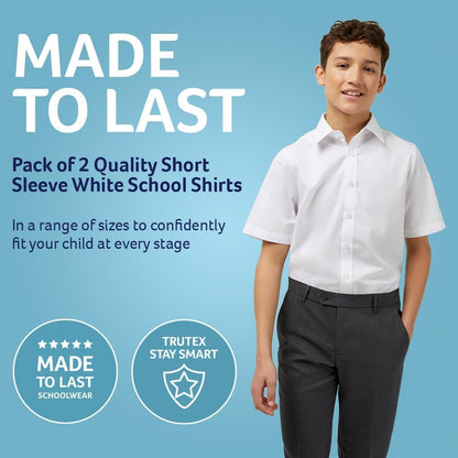 Boys 2 Pack White Short Sleeve School Shirts (3-16+ Years). Regular Fit, Easy Iron, Button down Shirts for Boys, Genuine School Uniform