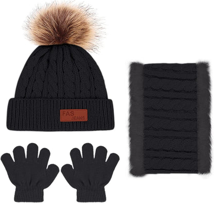 Kids Winter Warm Beanie Hat Scarf Gloves Set,Thermal Knit Crochet Thick Fluffy Toddler Cap Pom Bobble Hat Neck Warmer Gloves Set for Girls Boys Children Aged 2-6