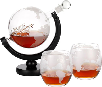 Whiskey Decanter Globe Set with 2 * 250Ml Glasses & Bottle Opener Keychain,Anniversary Birthday Gifts for Him Husband Boyfriend, 850Ml Whiskey Flask Decanter,Unique Christmas for Bourbon Scotch