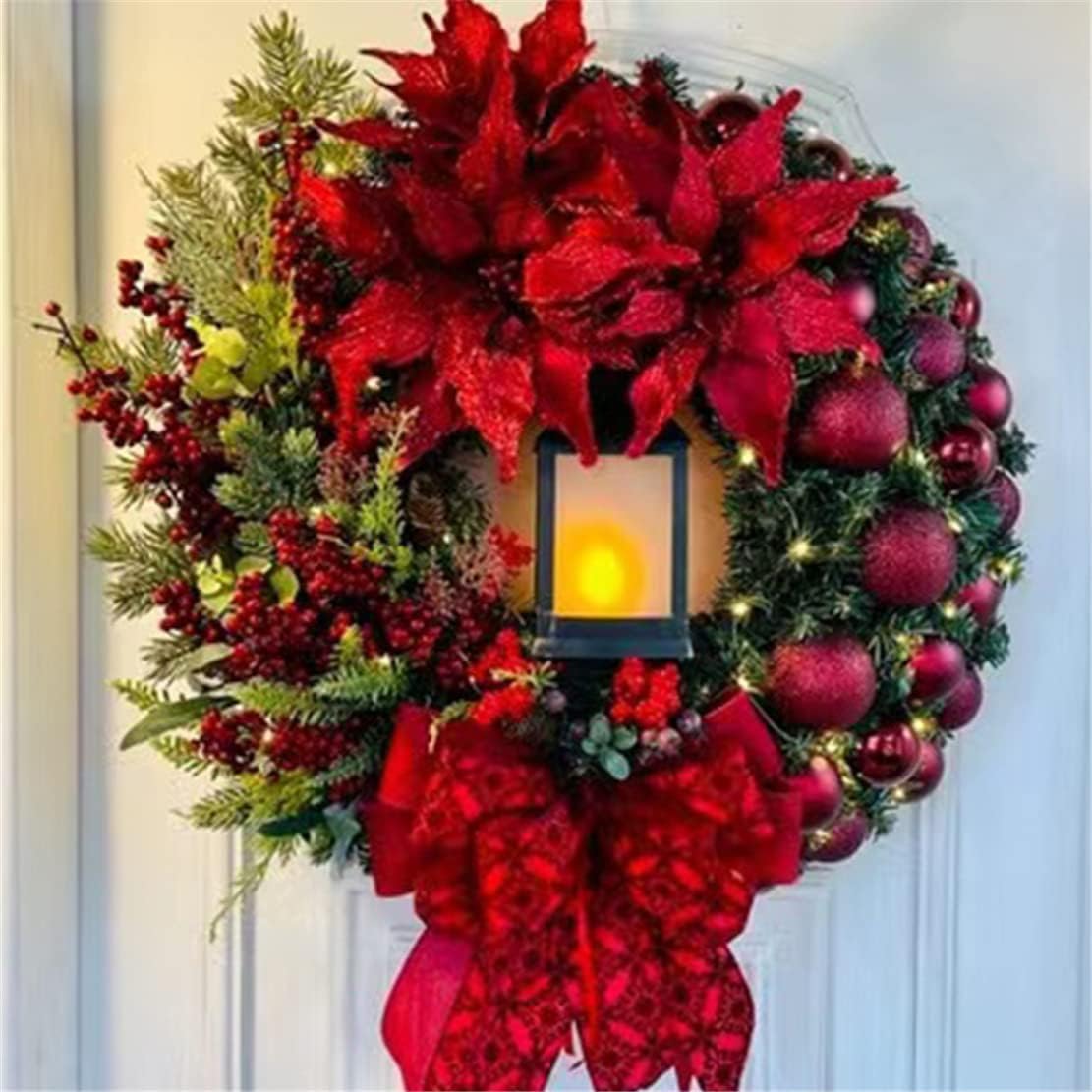 Christmas Wreath with Led Light Sacred Christmas Wreath Retro Red Christmas Wreath, Artificial Wreath Flocked with Mixed Decorations for Window, Porch, Wall Mantel (C)