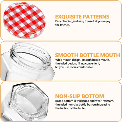 Showvigor Jam Jars with Red Gingham Lid - 280Ml/9Oz - Hexagonal Storage Glass Jars, Clear Airtight Jar for Pickling, Chutney, Jam, Coffee - 6 Set