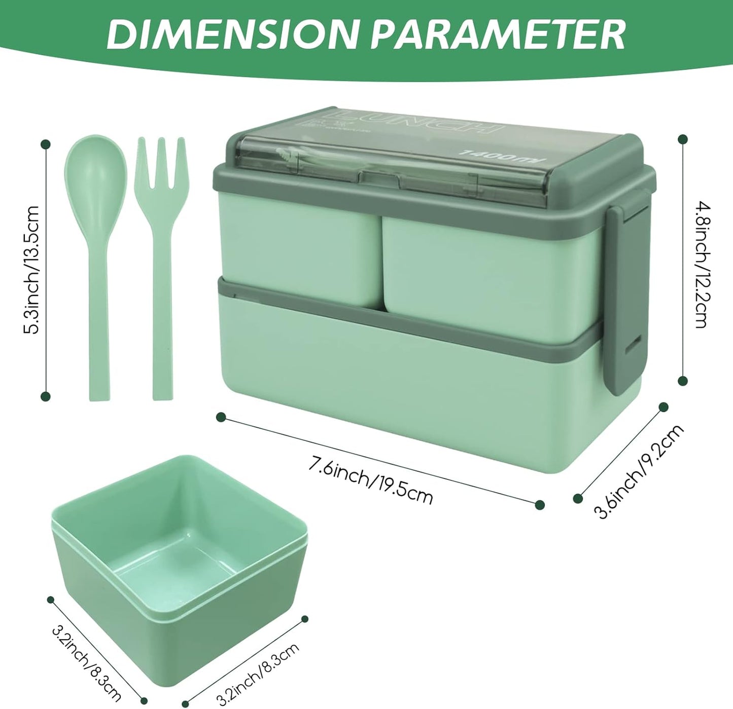 Jsdoin  Lunch Box Stackable,1400Ml Containers with 3 Removable Compartments and Cutlery, Leak Proof 2 Layer Boxes, for Adults Kids Office Microwave Dishwasher Safe Available (Green)