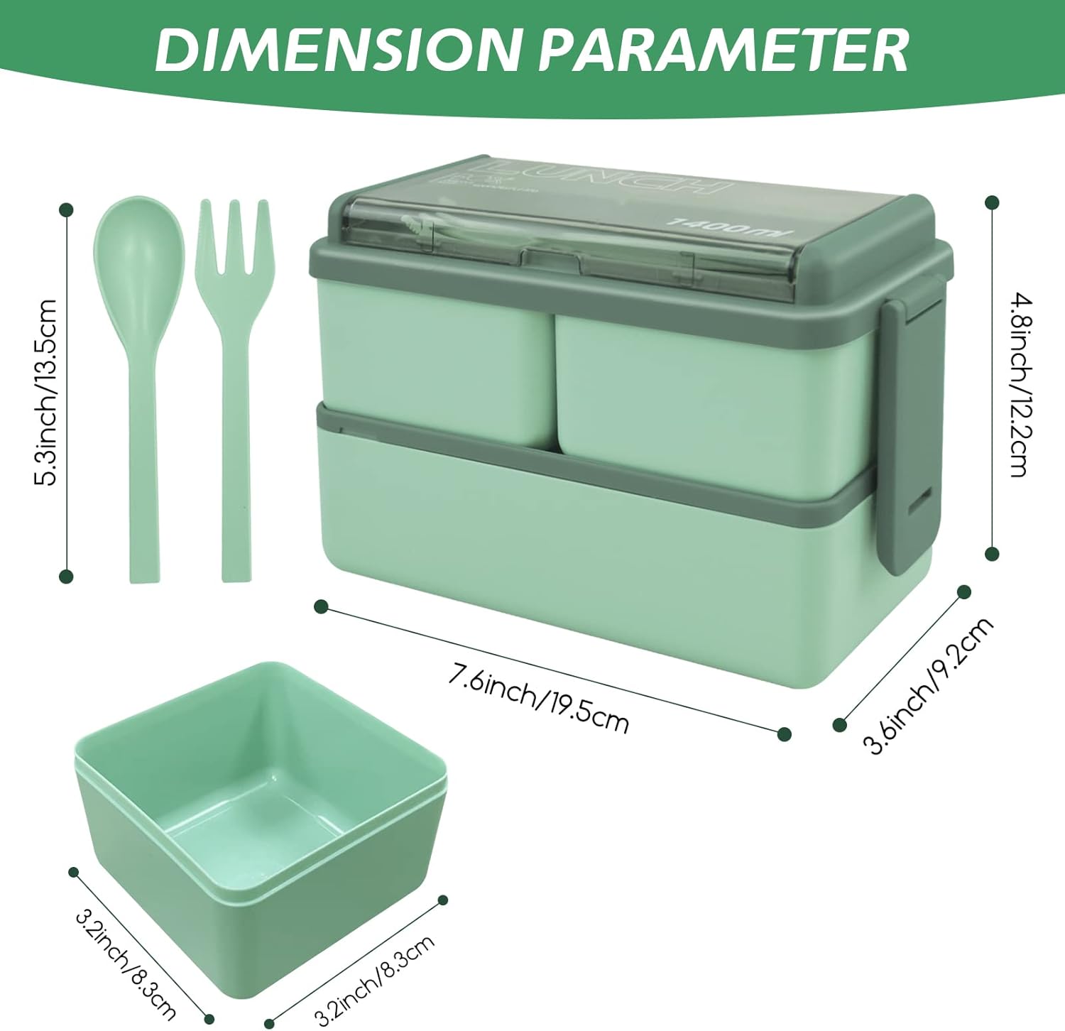Jsdoin  Lunch Box Stackable,1400Ml Containers with 3 Removable Compartments and Cutlery, Leak Proof 2 Layer Boxes, for Adults Kids Office Microwave Dishwasher Safe Available (Green)