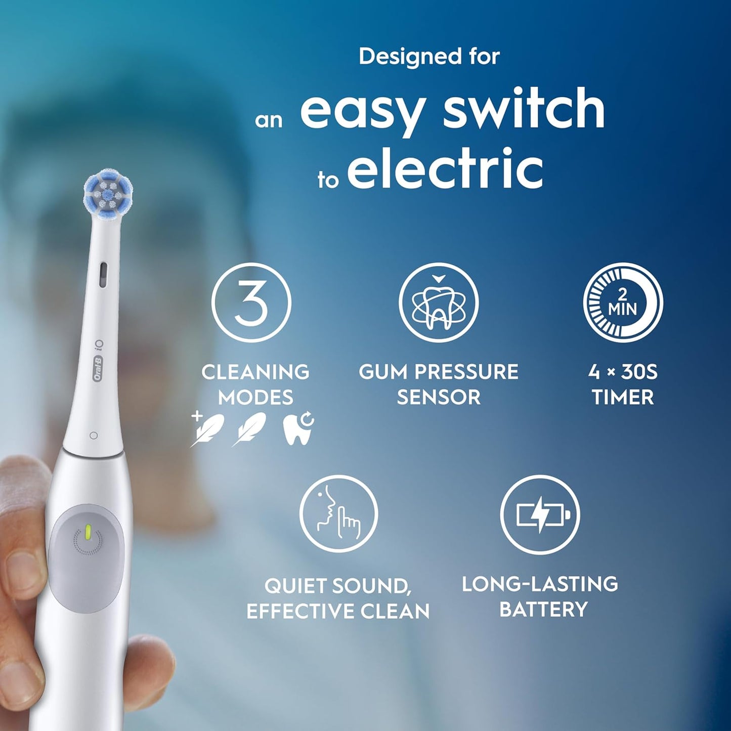 Io2 Electric Toothbrush, 1 Gentle Care Toothbrush Head, 1 Travel Case, 1 Travel Refill Holder, Toothbrush for Adults (Simple White), Designed by Braun, 2 Pin UK Plug