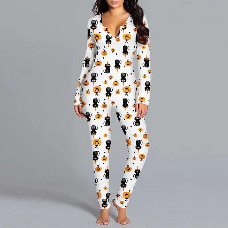 Halloween Printed Jumpsuit Long Sleeve Home Pajamas Casual Trousers Women'S Cos Clothing