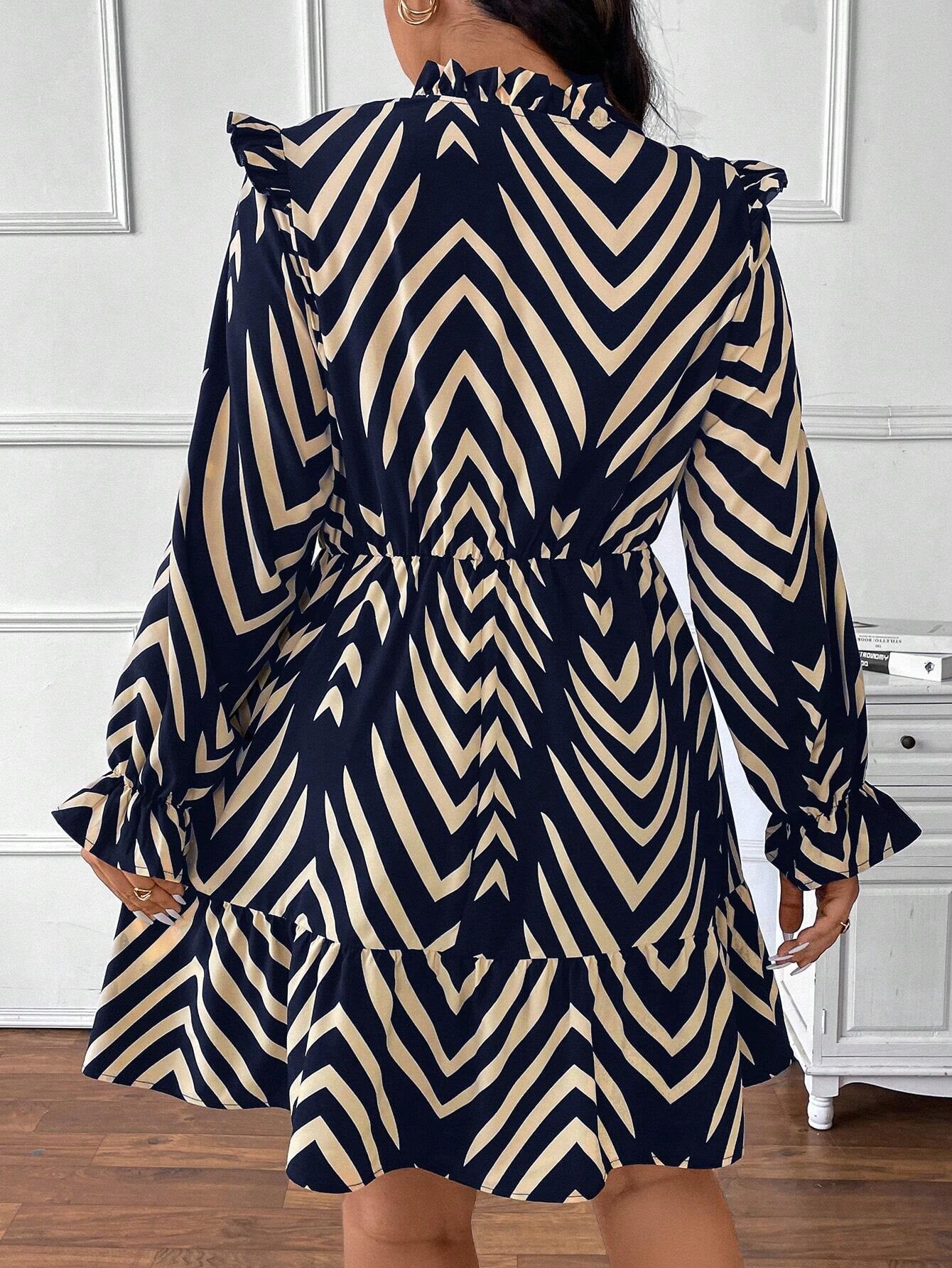 Plus Size A-Line Dress for Women with Geometric Print, Waist Cinching, and Long Sleeves