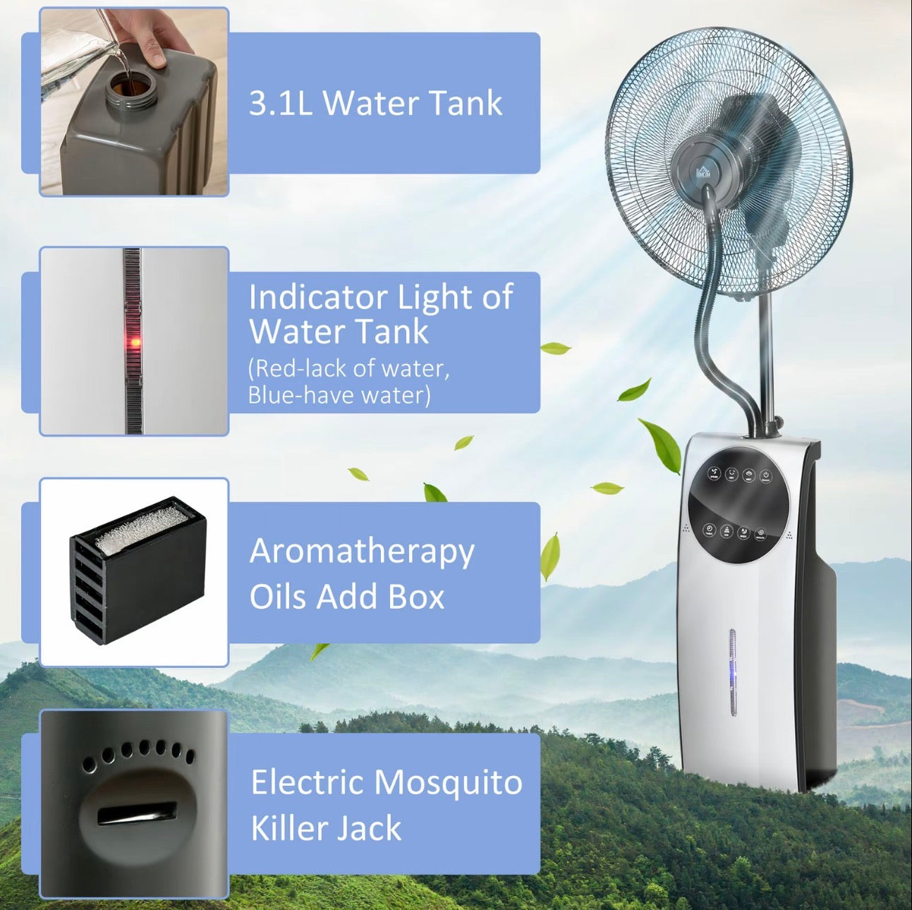 HOMCOM Pedestal Fan with Water Mist Spray 3.1L Tank
