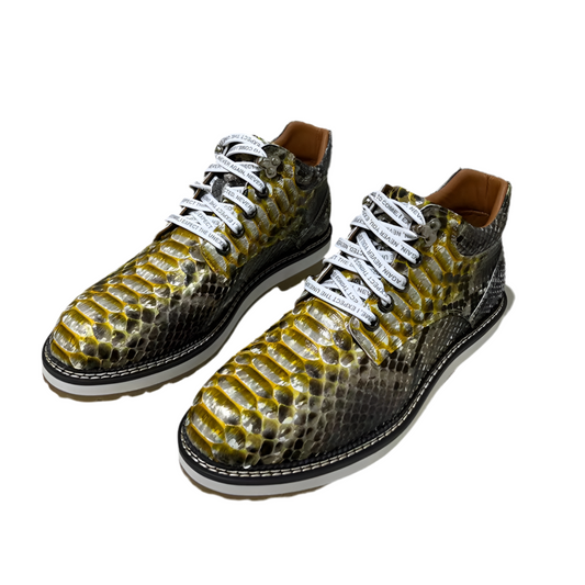 Fashion Gold Color Authentic Real Skin Men’s Mid-Top Ankle Dress Shoes – Genuine Exotic Leather Lace-Up Oxfords Derby Shoes for Men