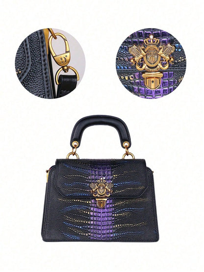 Luxury Custom 2025 New Vintage Women'S Handbag, Fashion Elaborate Luxurious Blue & Gold Snake Print Lock Ornament Tote Bag, Mature Style Shoulder & Crossbody Bag, Detachable Handle