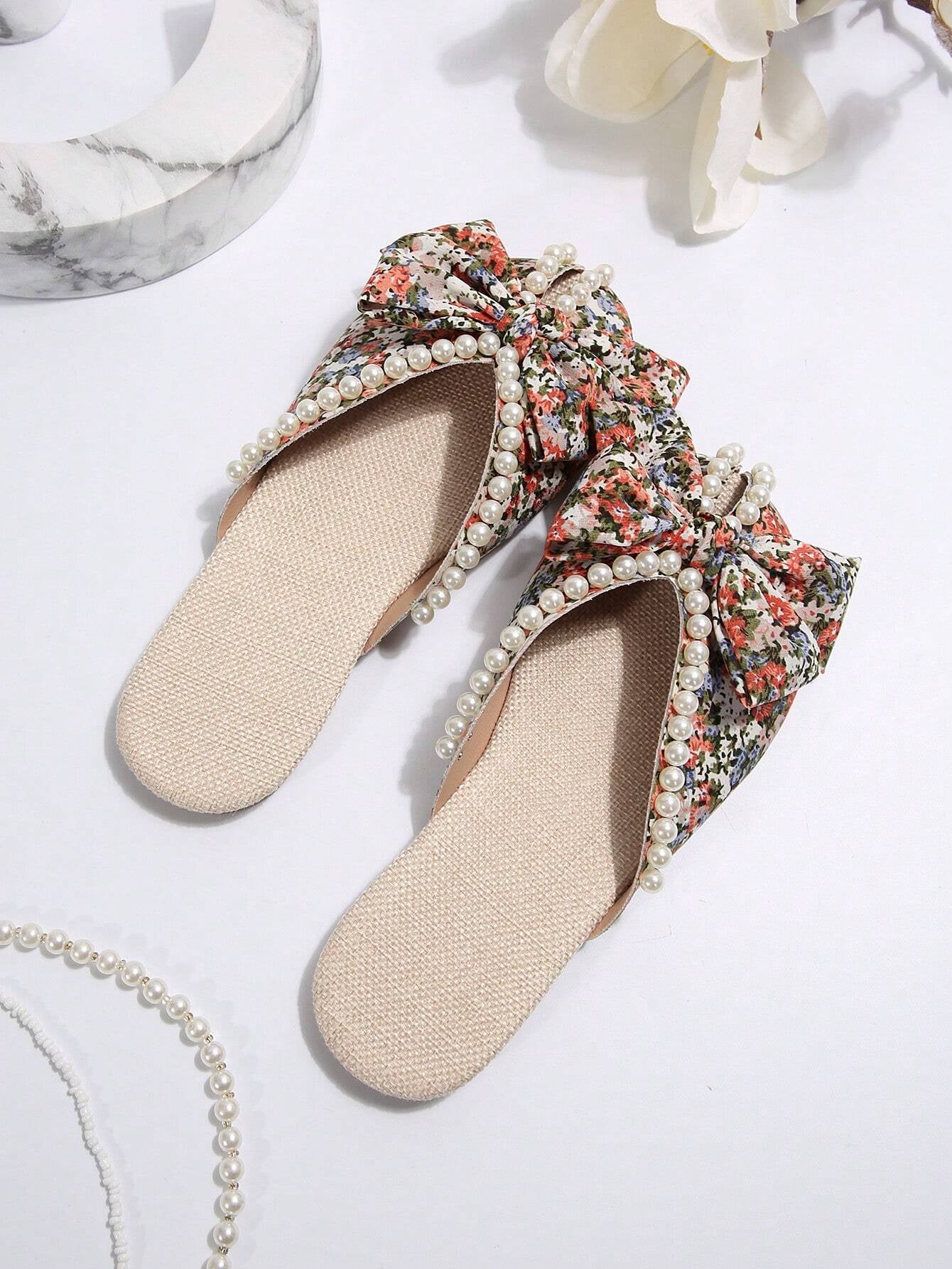 Women'S Student Back-To-School Season Full-Print Faux Pearl Design Bow Flat Sandals Outdoor Fashion Wedding Work School Dormitory Vacation Travel Beach Can Be Worn