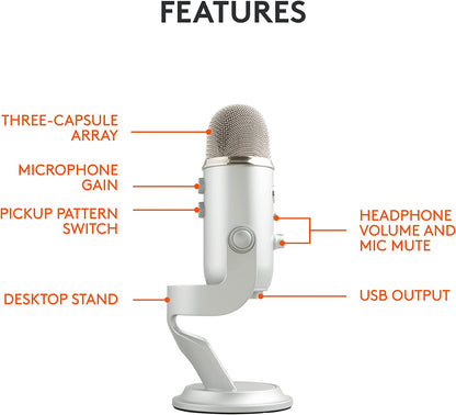 Blue Yeti USB Microphone for Recording, Streaming, Gaming, Podcasting on PC and Mac, Condenser Mic for Laptop or Computer with Blue VO!CE Effects, Adjustable Stand - Silver