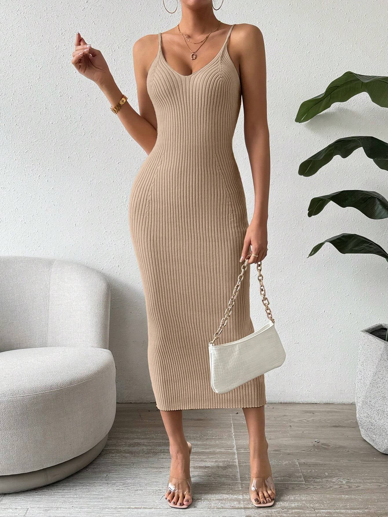 Raffinée Women's Elegant Solid Color Slim Fit Sleeveless Knit Sweater Dress