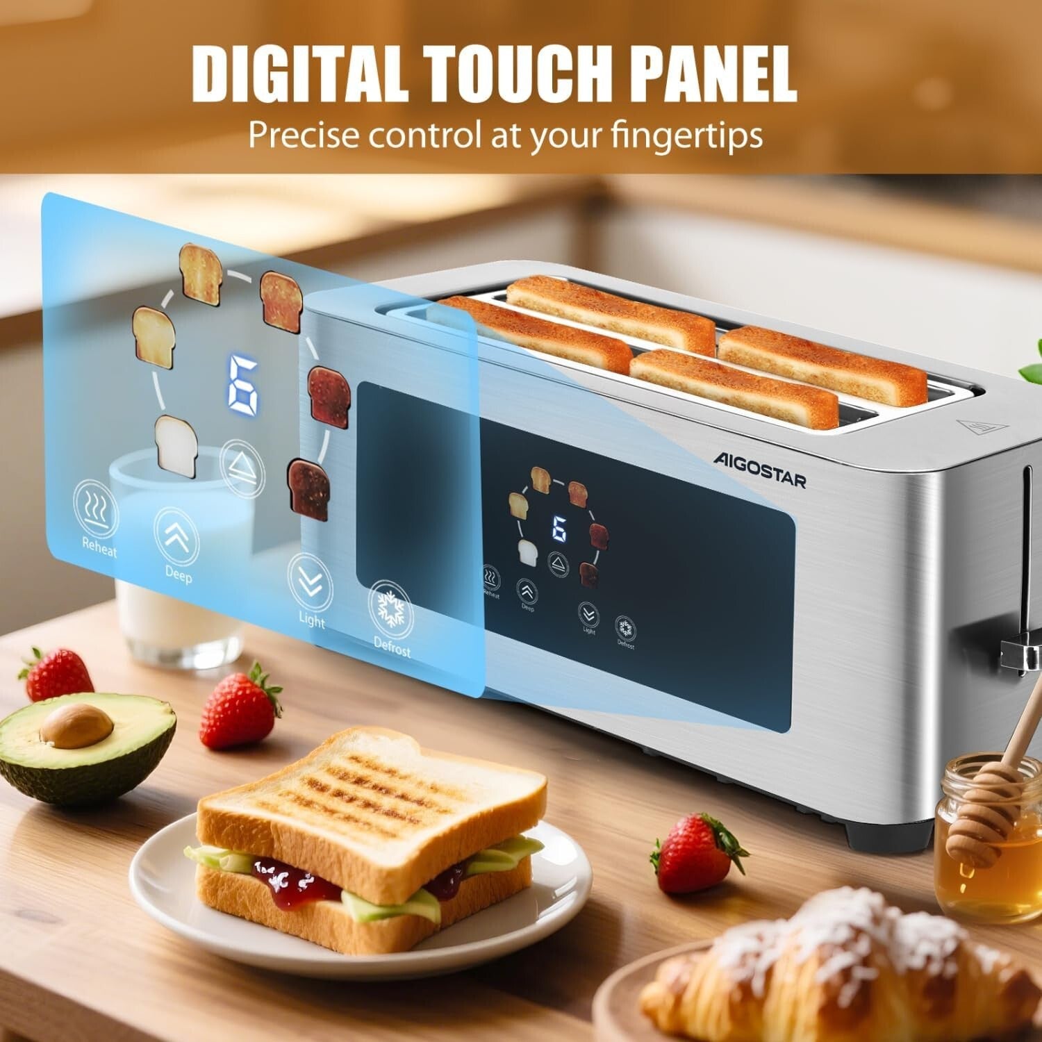Long Slot Toaster Stainless Steel, Extra-Wide Slots, Digital Touch Control, 6 B