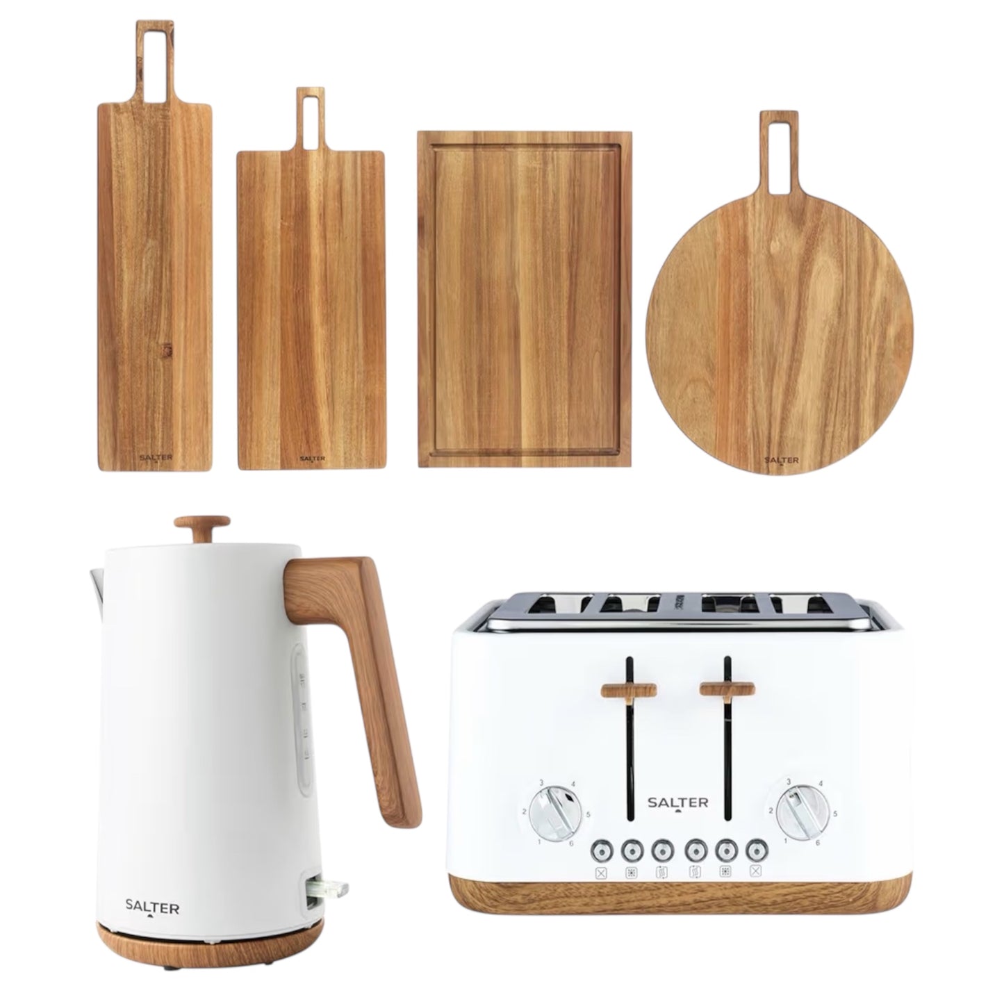Salter Toronto Kettle, Toaster & Serving Board Set – Kitchen Countertop, 55cm & 60cm Serving Board, Chopping & Pizza Boards, FSC®- Certified Acacia Wood, Wide Slot Toaster, 3kW Rapid Boil, White