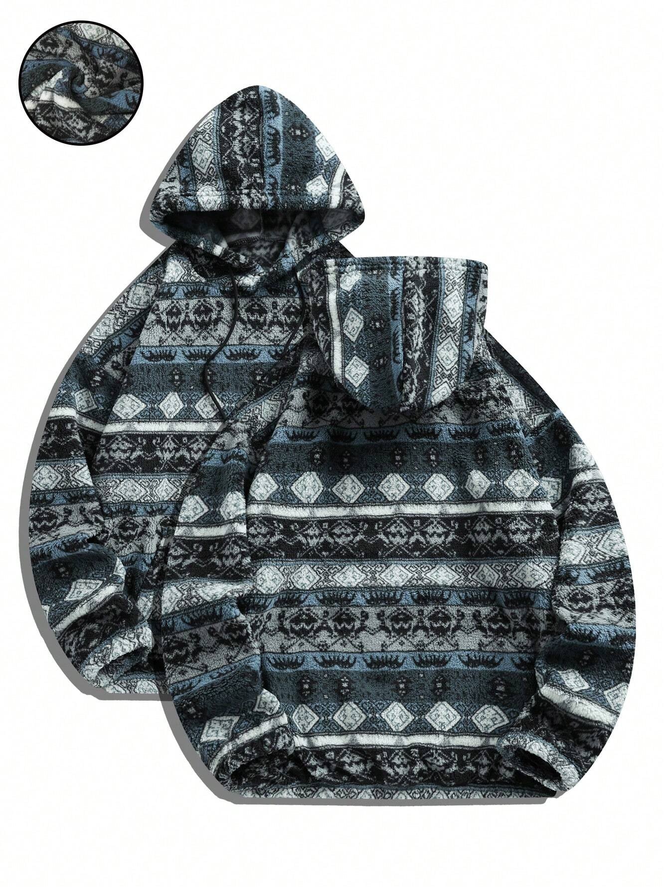 Men'S Totem Print Hooded Sherpa Fleece Sweatshirt