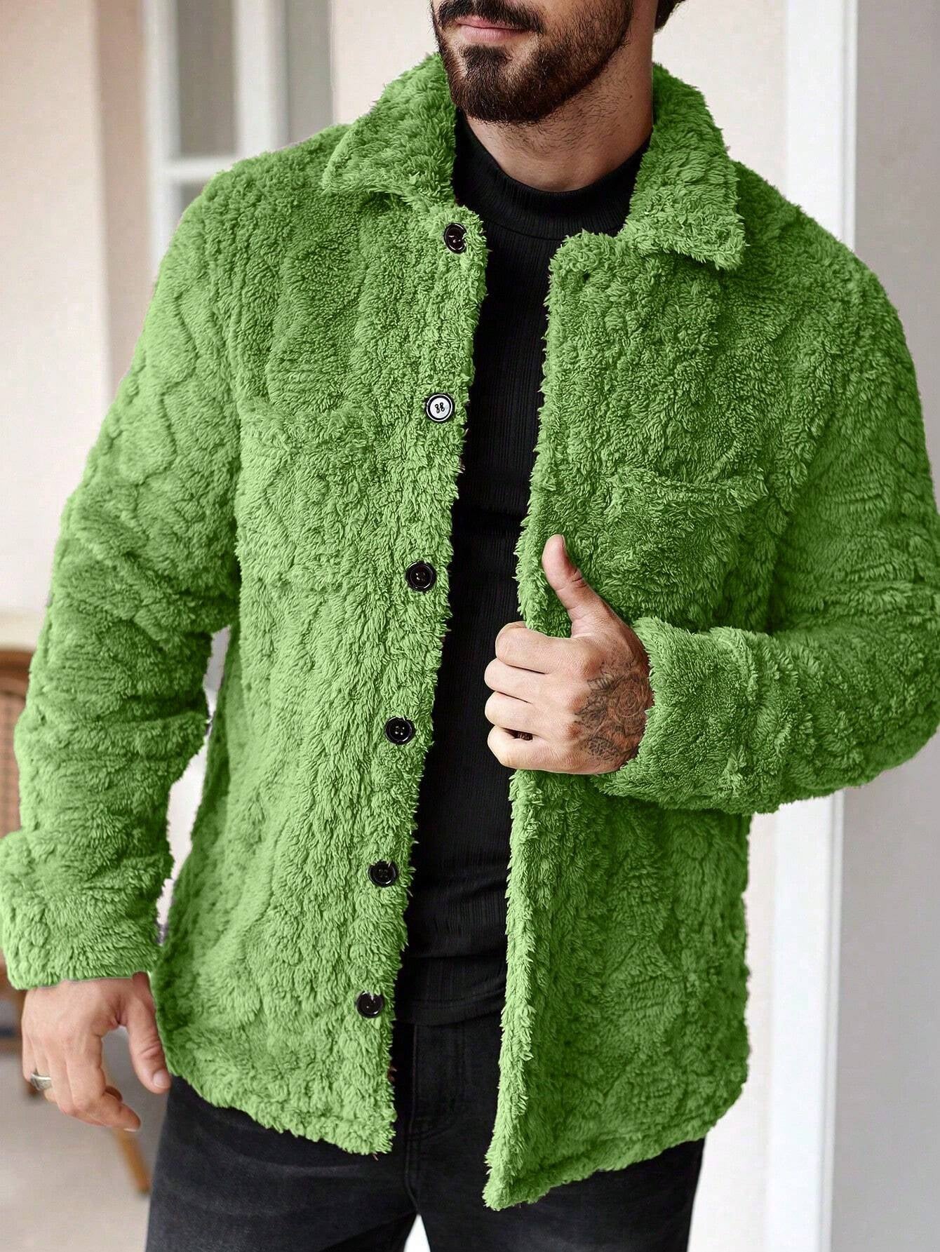 Manfinity Homme Men'S Casual Solid Color Fuzzy Jacket for Autumn/Winter ,Men Flannel,Winter Men Jacket, Going Out Warm Long Sleeve Jacket, for Friends, Husband, Boyfriend Gifts