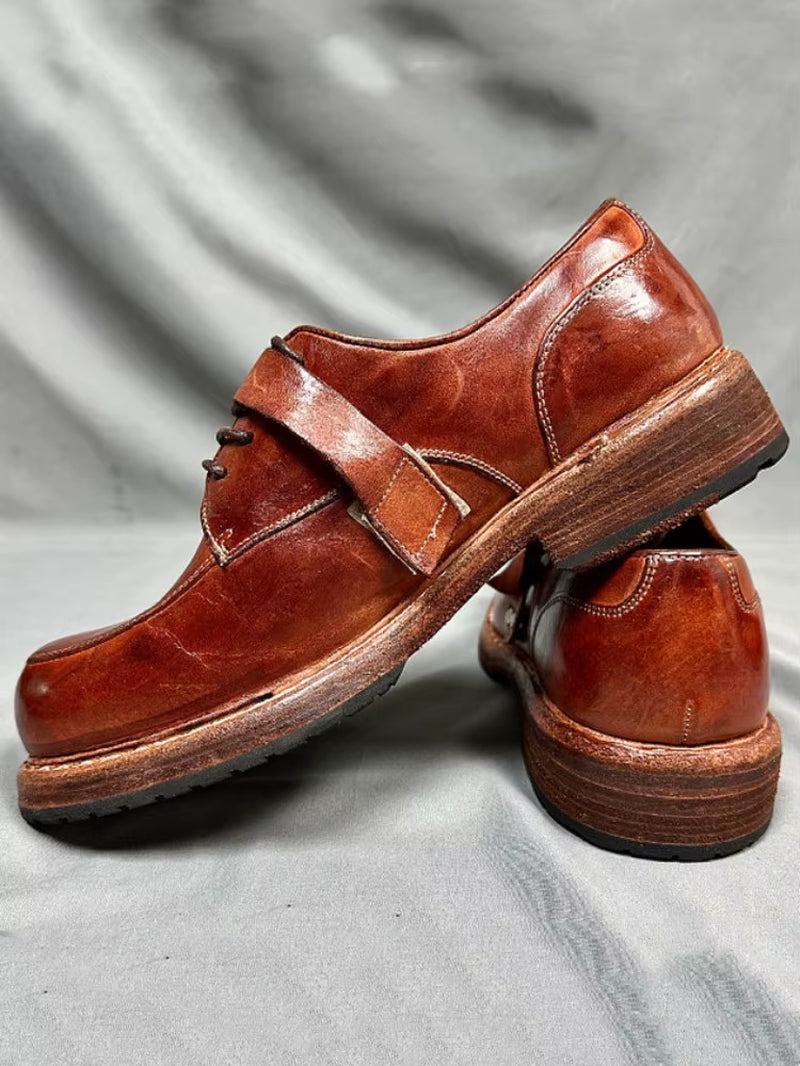 Handmade Mens Horsehide Genuine Leather Derby Shoes Thick Bottom Vintage Dress Shoes British Style round Toe Work Cargo Shoes