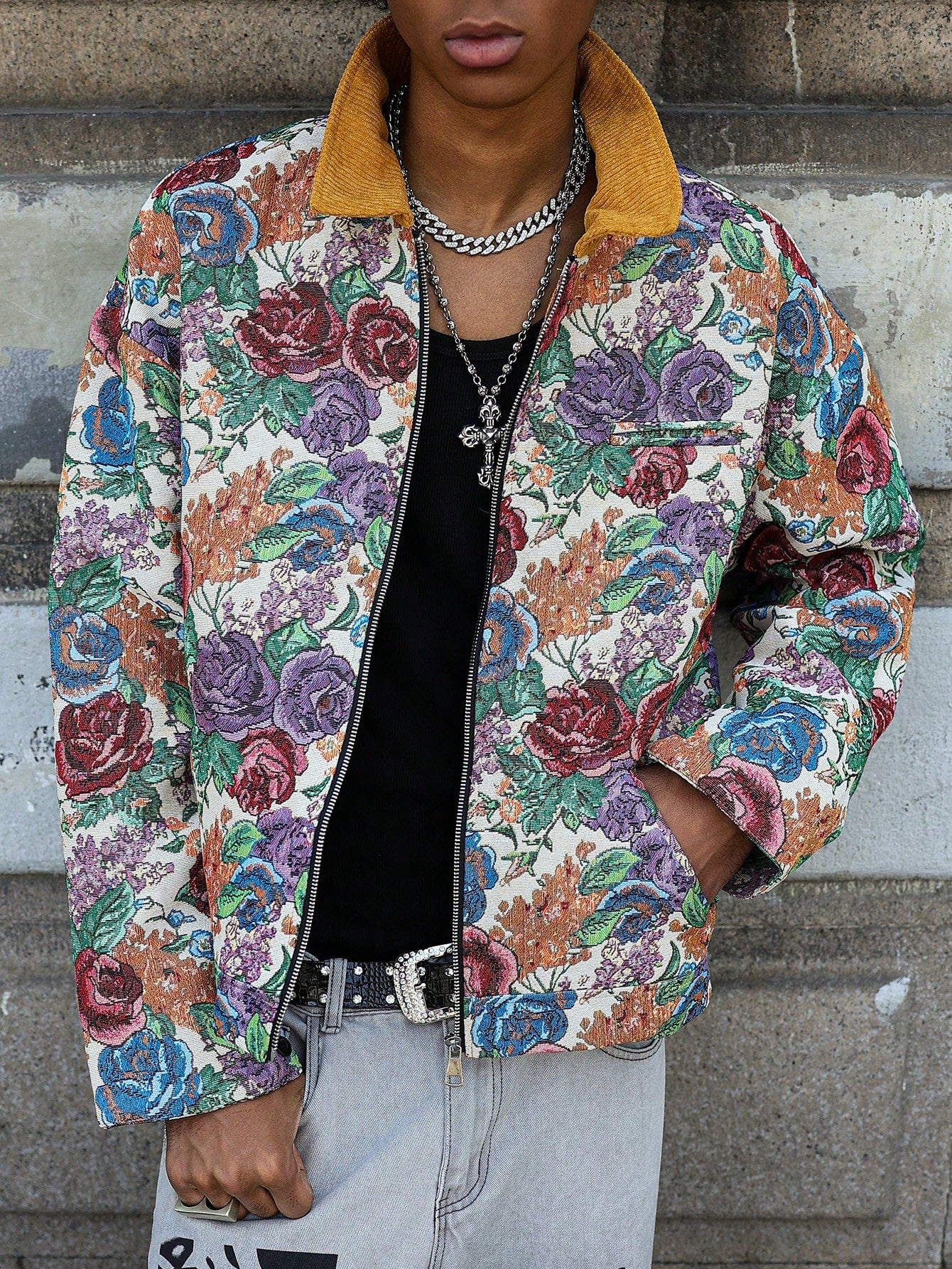 Manfinity Homme Men Hawaiian Print Floral Pattern Jacquard Jacket Summer Outerwear, Street Fashion Colorful Pattern Rave Long Sleeve Jacket, Gift for Friends, Husband, Boyfriend