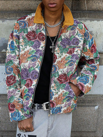 Manfinity Homme Men Hawaiian Print Floral Pattern Jacquard Jacket Summer Outerwear, Street Fashion Colorful Pattern Rave Long Sleeve Jacket, Gift for Friends, Husband, Boyfriend