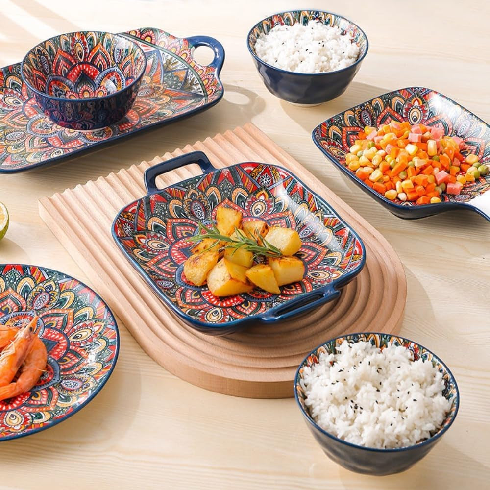 Ceramic Dinner Plate 9" - Porcelain Pasta Bowls,Handled Square Platter for Breakfast, Salads,Fruit,Cereal,Dessert,Bohemian Style(Style D)