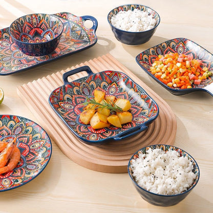 Ceramic Dinner Plate 9" - Porcelain Pasta Bowls,Handled Square Platter for Breakfast, Salads,Fruit,Cereal,Dessert,Bohemian Style(Style D)