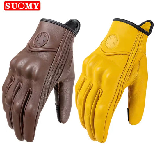 Leather Motorcycle Gloves Men Women Touch Screen Motorcyclist Riding Gloves Retro Breathable Motorbike Motocross Gloves Yellow