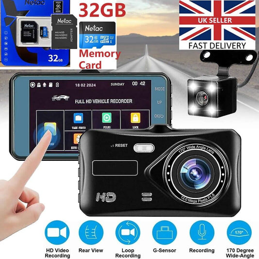 HD 1080P Front and Rear Car Dash Camera with Night Vision and 32GB SD Memory Card