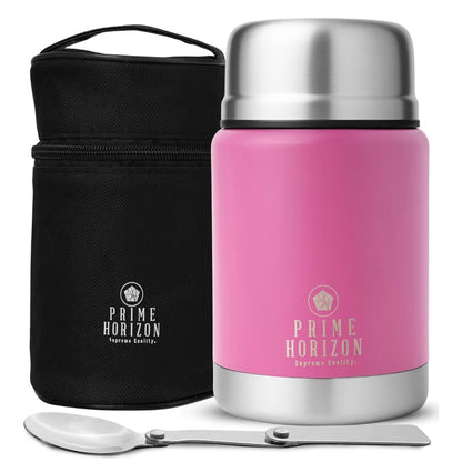 Prime Horizon Food Flask - 500ml Stainless Steel Vacuum Double Wall Jar with Folding Spoon, Leakproof and BPA Free. Free Insulated Travel Bag with Carabiner and Gift Box