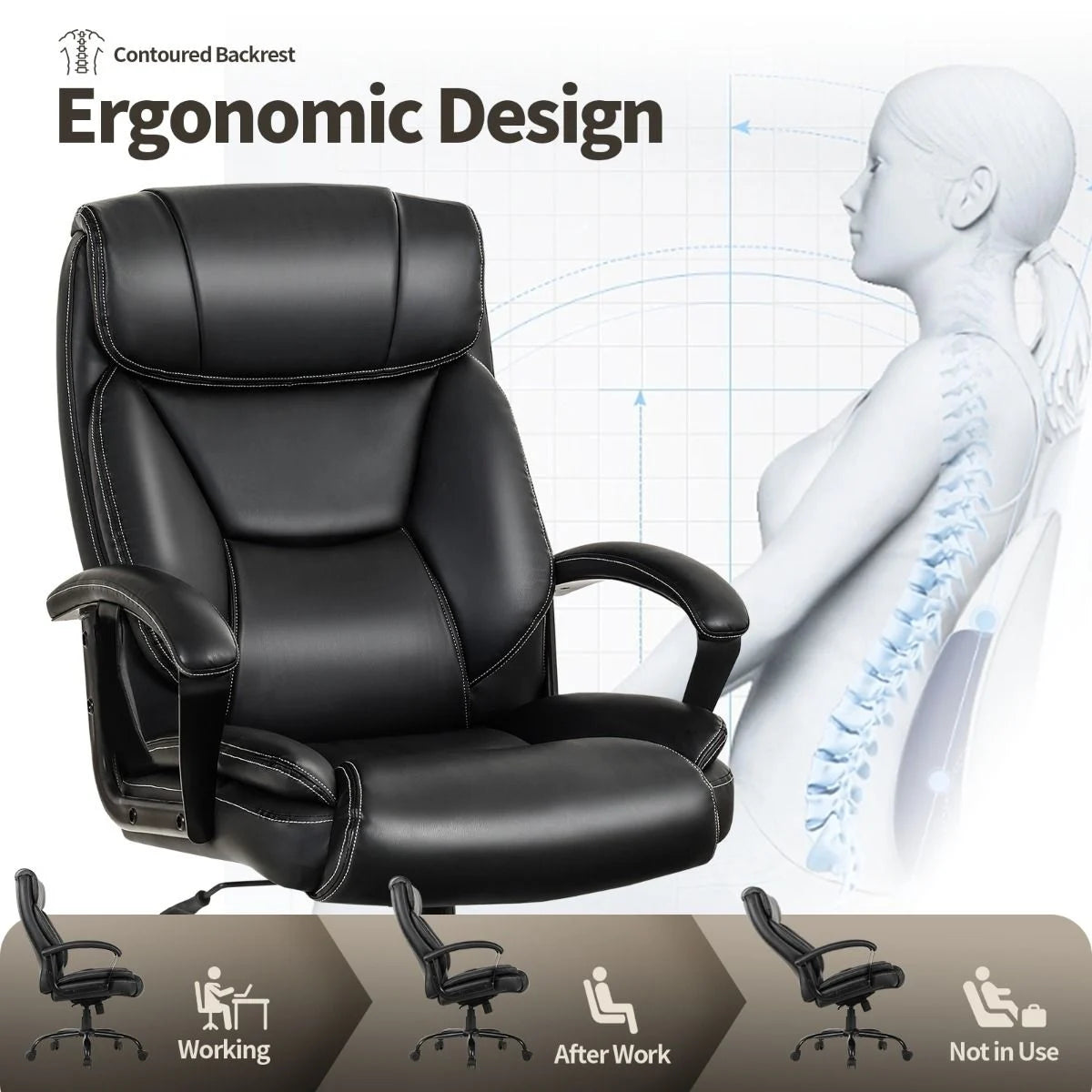 Height Adjustable Executive Leather Office Chair with Rocking Backrest