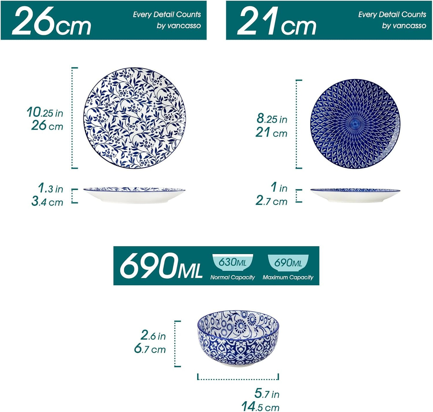 Selene Dinner Sets for 6 People, 18 Pieces Vintage Blue Porcelain Plates and Bowls Set Kitchen Crockery Set Dinnerware Sets, Mircowave and Dishwasher Safe Dishes Set