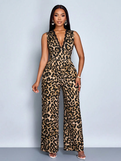 SOLERSUN Women'S Contrast Lace Leopard Print Deep V Sleeveless Wide Leg Jumpsuit, Elegant for Commuting and Casual Dating, Sexy & Romantic, Spring/Summer