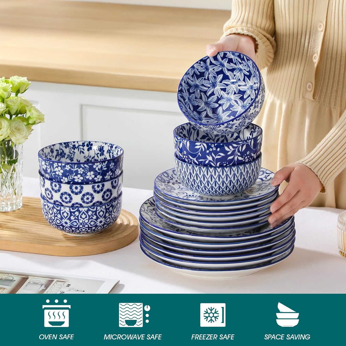 Selene Dinner Sets for 6 People, 18 Pieces Vintage Blue Porcelain Plates and Bowls Set Kitchen Crockery Set Dinnerware Sets, Mircowave and Dishwasher Safe Dishes Set